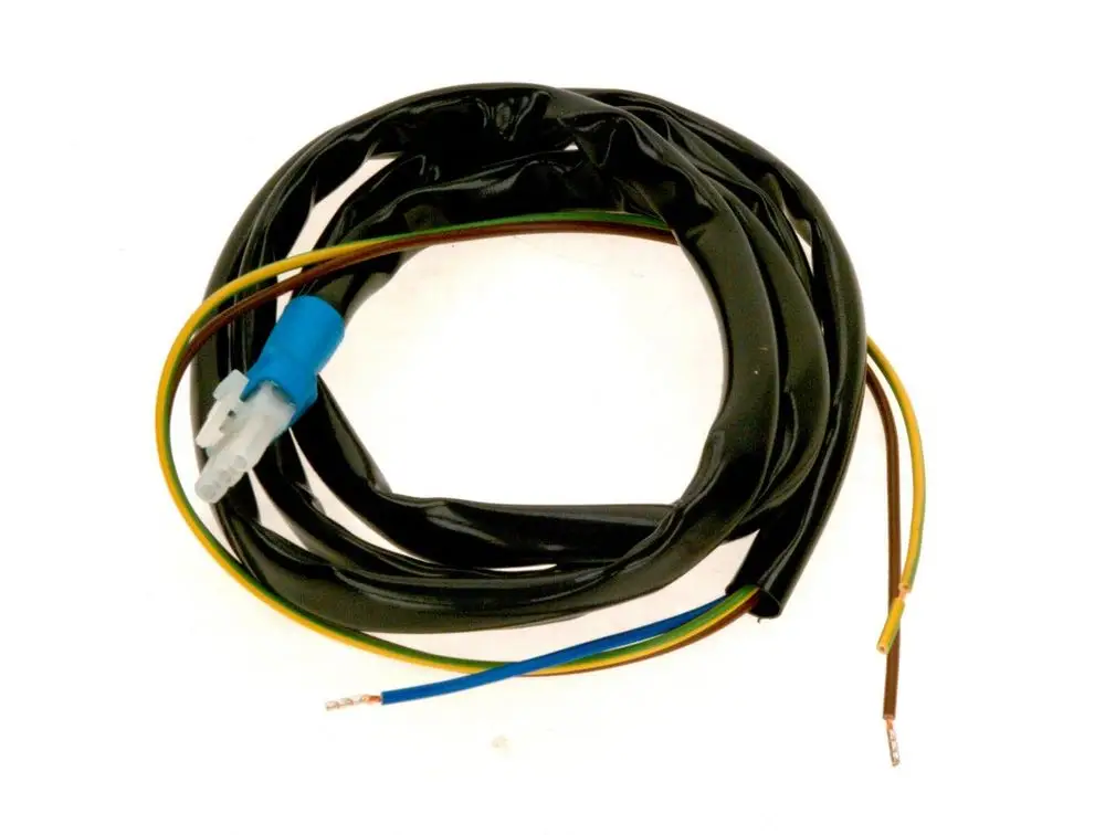 Kabel mit schwarzer Isolierung und einem blauen Anschluss, bestehend aus mehreren Leitungen in verschiedenen Farben. Produkt von Bosch.